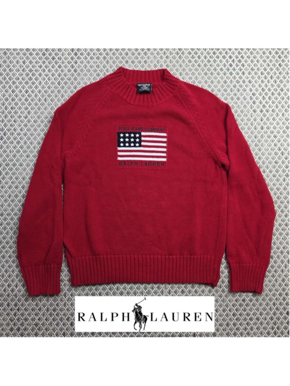 Vintage Polo Jeans Co Ralph Lauren Womens XL Red American Flag Knit Sweater